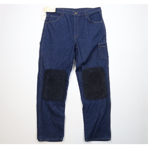 Deadstock Vintage 90s Mens 38x32 Suede Leather Padded Denim Jeans Workwear USA